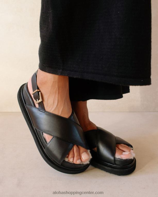 marshmallow furry - črni usnjeni sandali ženske Alohas 0D4R8128