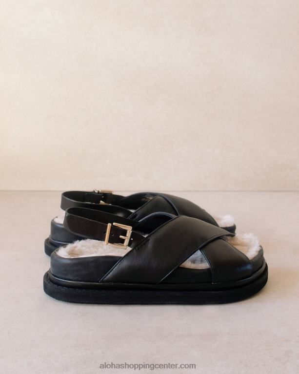 marshmallow furry - črni usnjeni sandali ženske Alohas 0D4R8128